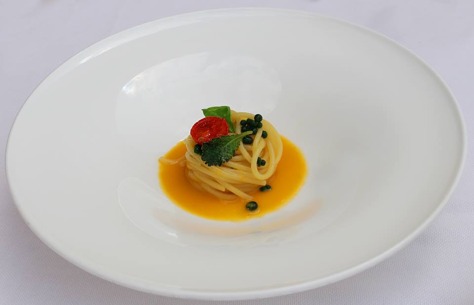 Spaghettone in tomato sauce in white, basil pearls and yellow plum