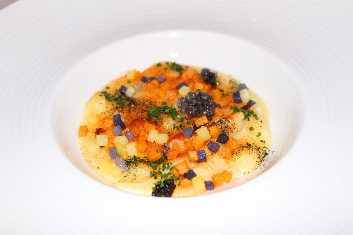Pasta and smoked potatoes, chives and caviar